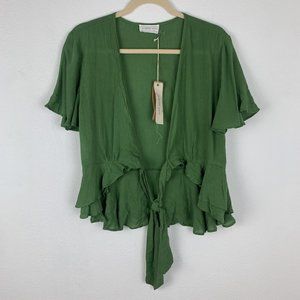 NWT Mustard Seed Women's L Green Ruffle Cropped Tie Front Top Blouse